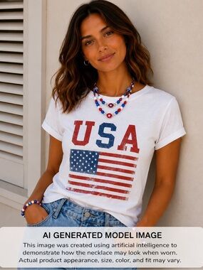 Red, White & Blue 2 strand necklace 2-Braceltes Silver 29-32 inches patriotic